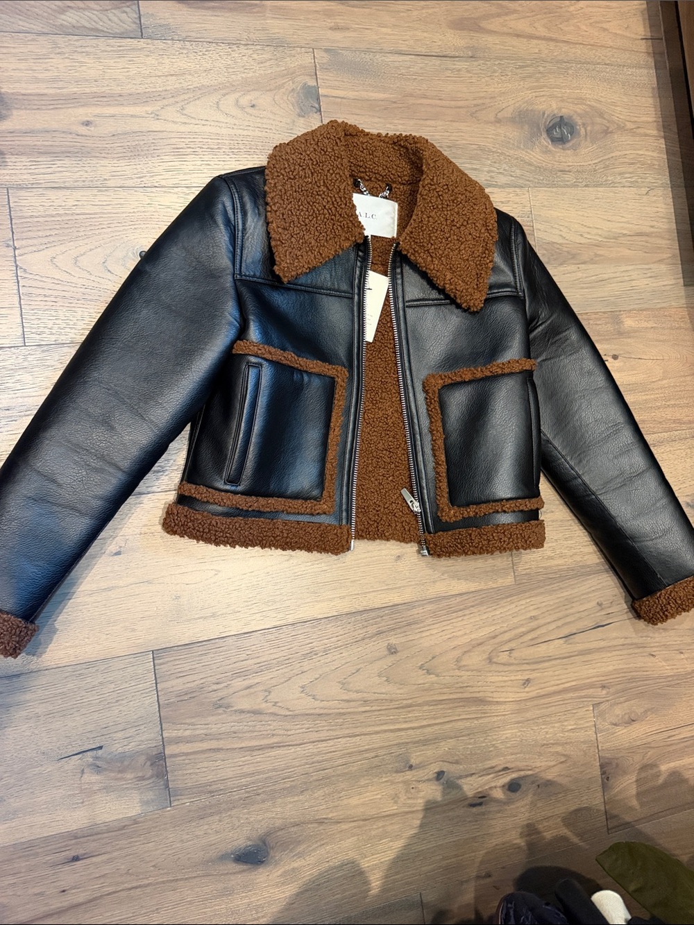 A.L.C. Black Faux-Leather Jacket with Brown Shearling Trim NWT Sz XS